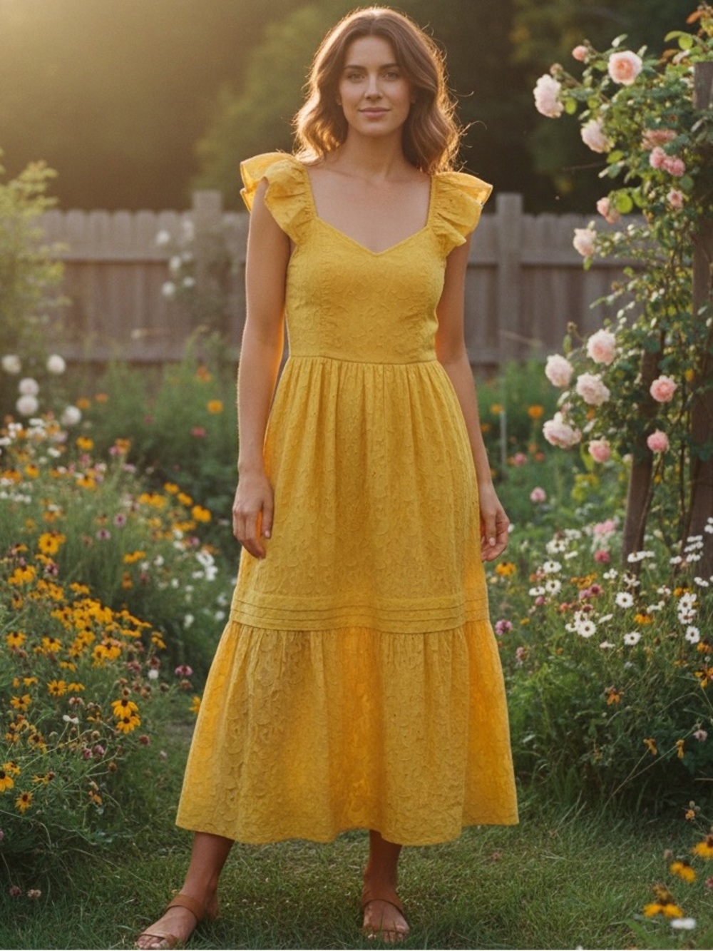 Band of the Free Yellow Ruffle Sleeve Back Tie Midi/Maxi Dress
